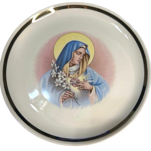 Mother Mary Sacred Heart Decorative Plate Warranted 22k Gold trim. - Picture 1 of 6